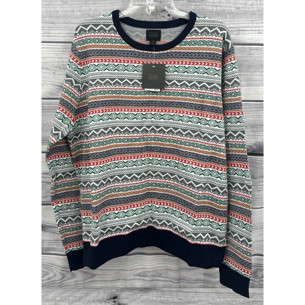 NORDSTROM 14th & UNION ZIG ZAG FAIR ISLE CREWNECK HOLIDAY SWEATER Men's XL NEW‎